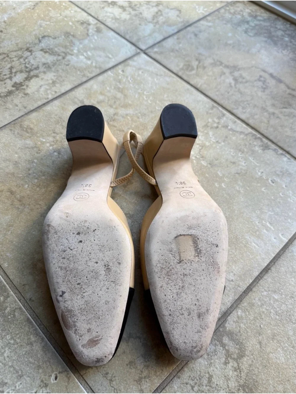 CHANEL Beige and Black Two-Tone Slingback Pumps